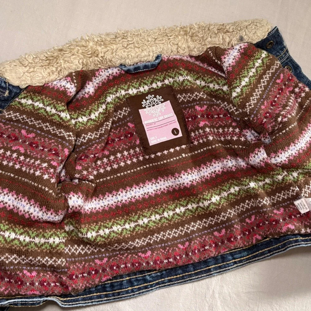 Gap‎ Kids Girls Blue Denim Jacket Sherpa Collar Fair Isle Knit Lined Size 3
